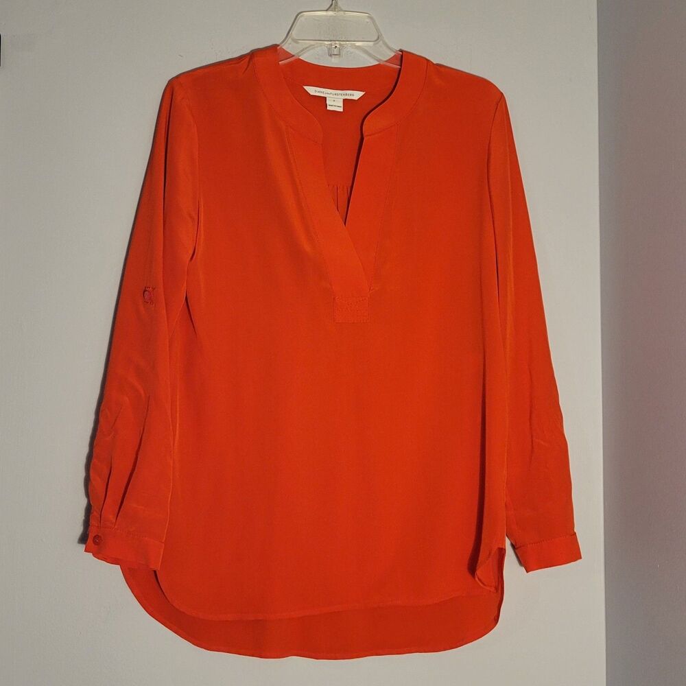 Diane von Furstenberg Women Coral Red Long Sleeve Silk Top Roll- up Tab Size 0